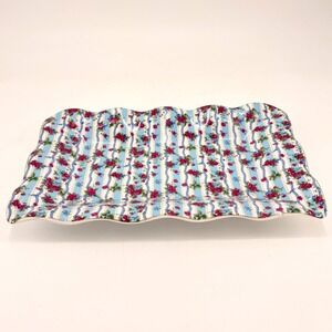 Vintage Jay & Sons Chintz Porcelain Serving Tray Pink Roses Blue Stripes 12"